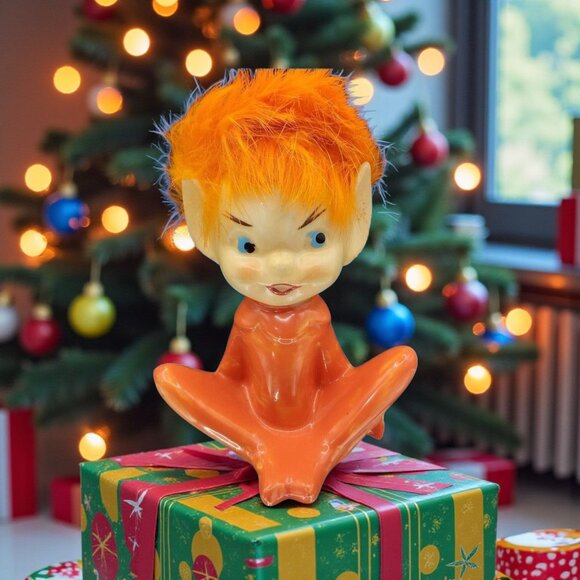 1950s Japan Pixie Elf Figurine Orange Furry Hair Kitsch Christmas Vintage Decor - Picture 1 of 11